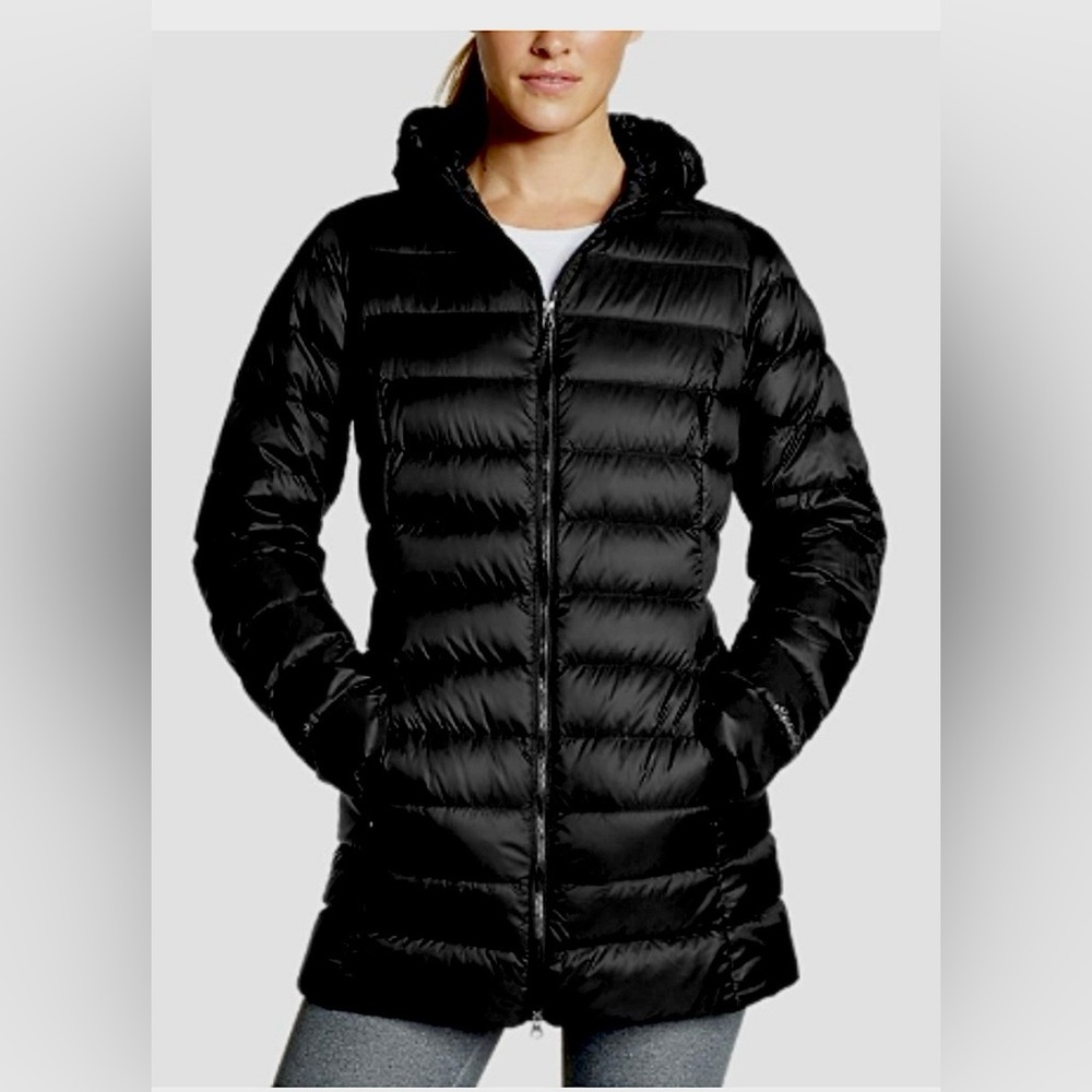 Eddie Bauer Quilted Down Puffer Coat Non Removable Hood in Black Size S